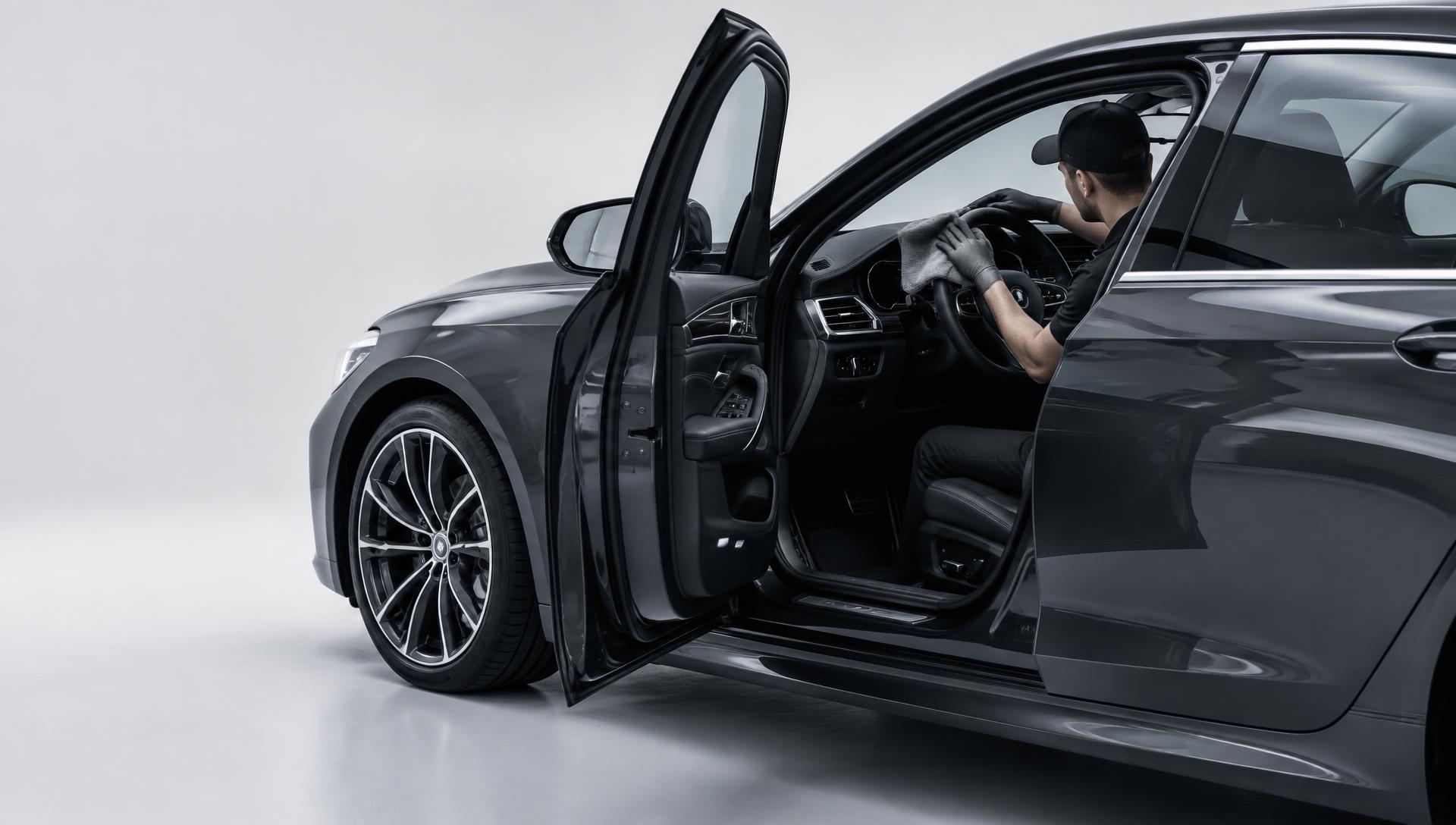 Detailer in gloves wiping the dashboard and steering wheel of a dark grey luxury sedan with the driver door open in a white-grey studio
